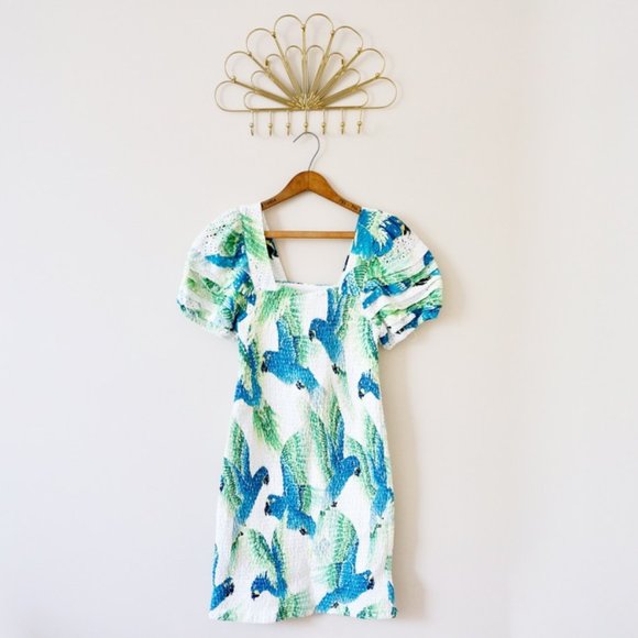 Farm Rio Araras Parrot Bird Print Eyelet Smocked Short Puff Sleeve Mini Dress - Picture 6 of 8